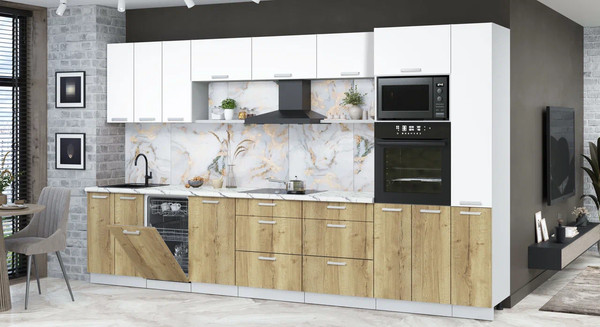 Изображение товара Кухонный гарнитур Интерлиния Мила Лайт 3.6-ПМ3 (белый платинум/дуб золотой/белый гранит)