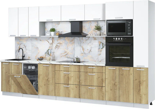 Изображение товара Кухонный гарнитур Интерлиния Мила Лайт 3.6-ПМ3 (белый платинум/дуб золотой/белый гранит)