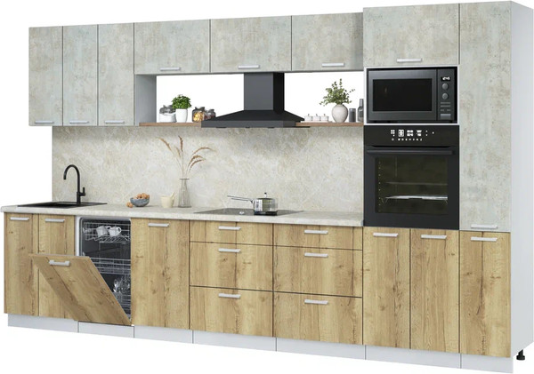 Изображение товара Кухонный гарнитур Интерлиния Мила Лайт 3.6-ПМ3  (бетон лайт/дуб золотой/опал светлый)