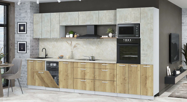 Изображение товара Кухонный гарнитур Интерлиния Мила Лайт 3.6-ПМ3  (бетон лайт/дуб золотой/опал светлый)