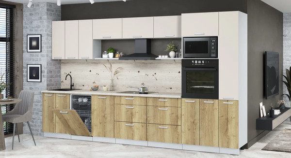 Изображение товара Кухонный гарнитур Интерлиния Мила Лайт 3.6-ПМ3 (персидский жемчуг/дуб золотой/бискайская сосна)