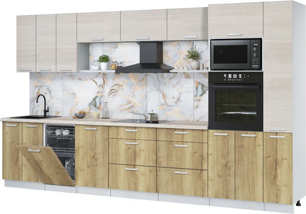 Изображение товара Кухонный гарнитур Интерлиния Мила Лайт 3.6-ПМ3  (вудлайн кремовый/дуб золотой/травертин серый)