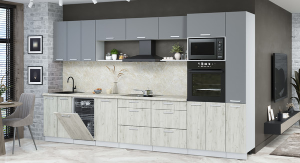 Изображение товара Кухонный гарнитур Интерлиния Мила Лайт 3.6-ПМ3 (серебро/дуб белый/опал светлый)