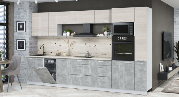 Изображение товара Кухонный гарнитур Интерлиния Мила Лайт 3.6-ПМ3 (вудлайн кремовый/бетон/бискайская сосна)