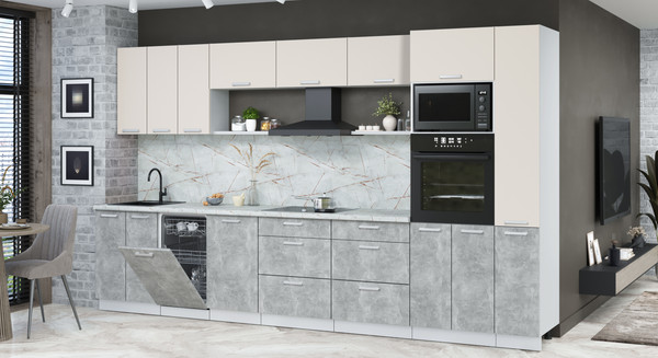 Изображение товара Кухонный гарнитур Интерлиния Мила Лайт 3.6-ПМ3  (персидский жемчуг/бетон/серый каспий)