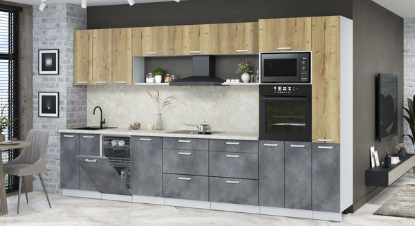 Изображение товара Кухонный гарнитур Интерлиния Мила Лайт 3.6-ПМ3 (дуб золотой/бетон портленд/опал светлый)