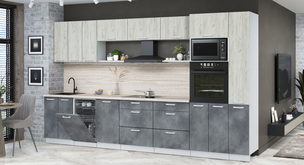 Изображение товара Кухонный гарнитур Интерлиния Мила Лайт 3.6-ПМ3 (дуб белый/бетон портленд/травертин серый)