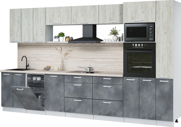 Изображение товара Кухонный гарнитур Интерлиния Мила Лайт 3.6-ПМ3 (дуб белый/бетон портленд/травертин серый)