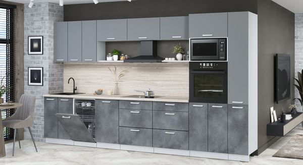 Изображение товара Кухонный гарнитур Интерлиния Мила Лайт 3.6-ПМ3 (серебро/бетон портленд/травертин серый)