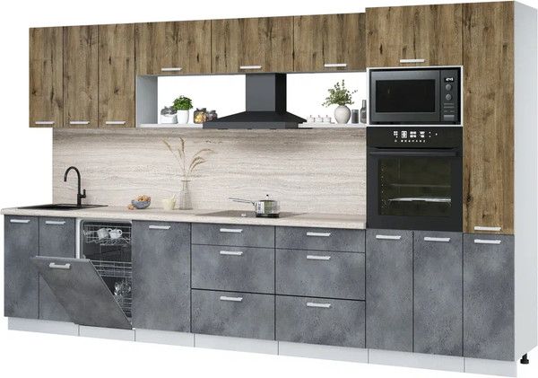 Изображение товара Кухонный гарнитур Интерлиния Мила Лайт 3.6-ПМ3  (дуб веллингтон/бетон портленд/травертин серый)