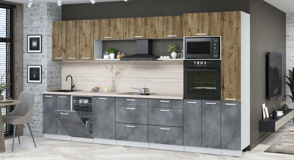 Изображение товара Кухонный гарнитур Интерлиния Мила Лайт 3.6-ПМ3  (дуб веллингтон/бетон портленд/травертин серый)