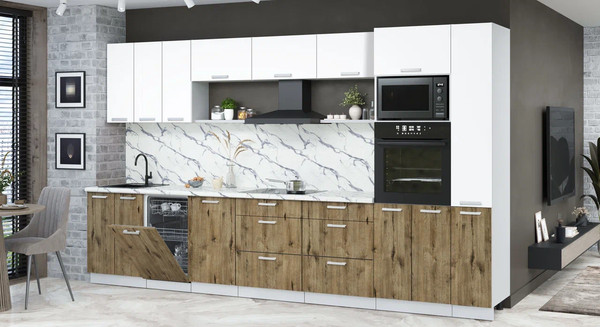 Изображение товара Кухонный гарнитур Интерлиния Мила Лайт 3.6-ПМ3  (белый платинум/дуб веллингтон/белый гранит)