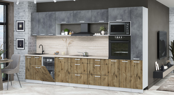 Изображение товара Кухонный гарнитур Интерлиния Мила Лайт 3.6-ПМ3 (бетон портленд/дуб веллингтон/травертин серый)