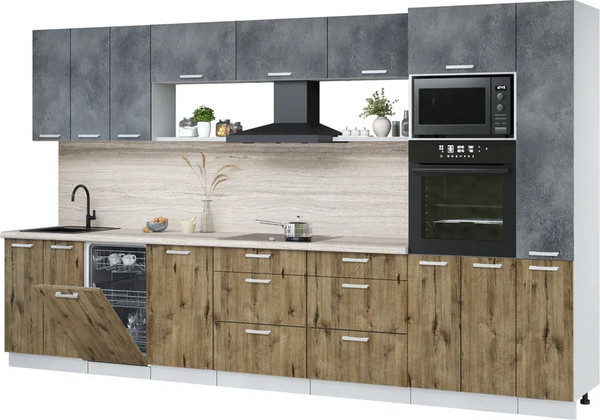 Изображение товара Кухонный гарнитур Интерлиния Мила Лайт 3.6-ПМ3 (бетон портленд/дуб веллингтон/травертин серый)