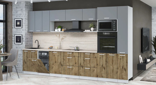 Изображение товара Кухонный гарнитур Интерлиния Мила Лайт 3.6-ПМ3  (серебро/дуб веллингтон/травертин серый)