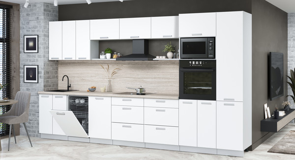 Изображение товара Кухонный гарнитур Интерлиния Мила Лайт 3.7-ПМ3 (белый платинум/белый платинум/травертин серый)