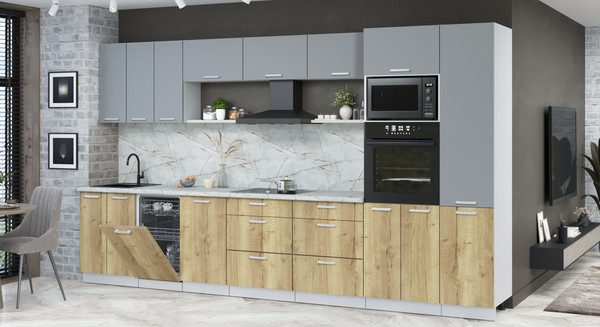 Изображение товара Кухонный гарнитур Интерлиния Мила Лайт 3.7-ПМ3  (серебро/дуб золотой/серый каспий)