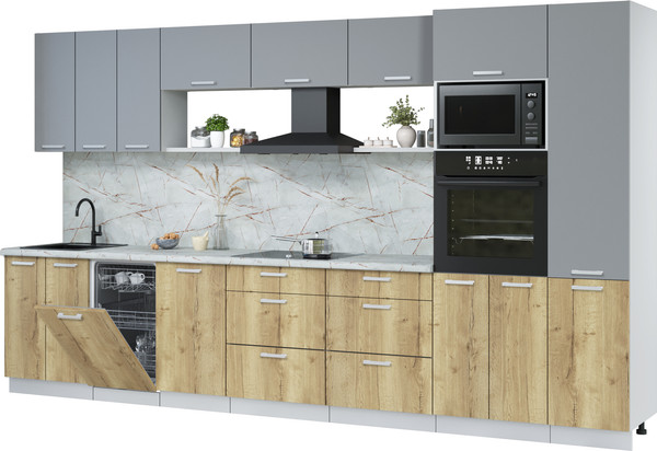 Изображение товара Кухонный гарнитур Интерлиния Мила Лайт 3.7-ПМ3  (серебро/дуб золотой/серый каспий)