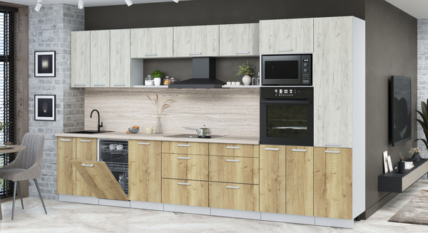 Изображение товара Кухонный гарнитур Интерлиния Мила Лайт 3.7-ПМ3 (дуб белый/дуб золотой/травертин серый)