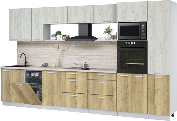 Изображение товара Кухонный гарнитур Интерлиния Мила Лайт 3.7-ПМ3 (дуб белый/дуб золотой/травертин серый)