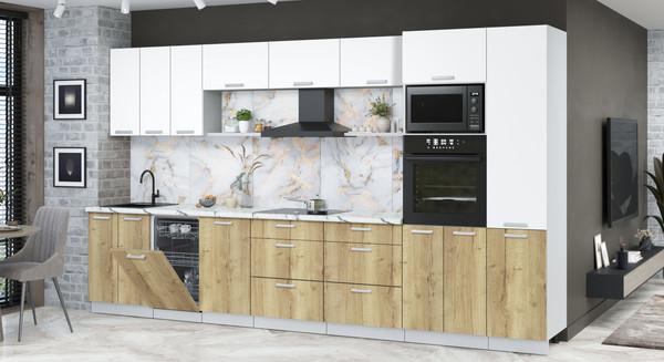 Изображение товара Кухонный гарнитур Интерлиния Мила Лайт 3.7-ПМ3  (белый платинум/дуб золотой/белый гранит)