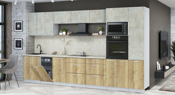 Изображение товара Кухонный гарнитур Интерлиния Мила Лайт 3.7-ПМ3  (бетон лайт/дуб золотой/опал светлый)