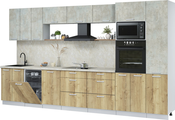 Изображение товара Кухонный гарнитур Интерлиния Мила Лайт 3.7-ПМ3  (бетон лайт/дуб золотой/опал светлый)