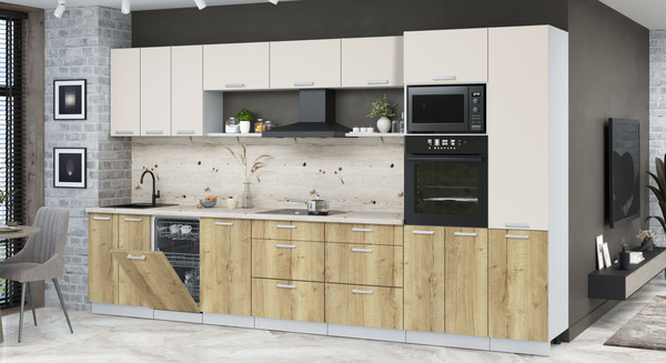 Изображение товара Кухонный гарнитур Интерлиния Мила Лайт 3.7-ПМ3  (персидский жемчуг/дуб золотой/бискайская сосна)