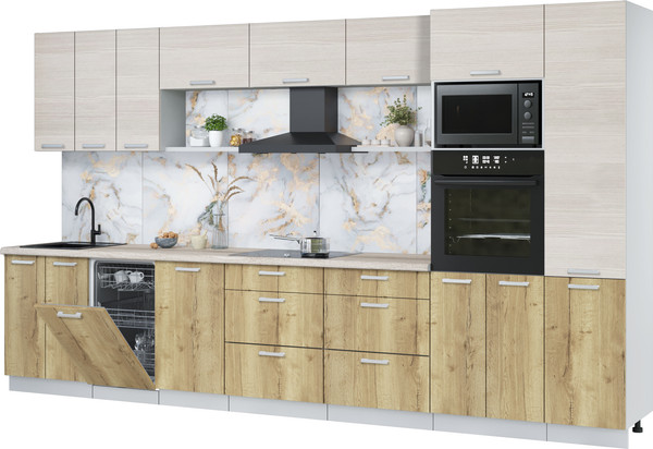 Изображение товара Кухонный гарнитур Интерлиния Мила Лайт 3.7-ПМ3 (вудлайн кремовый/дуб золотой/травертин серый)