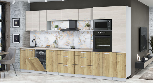 Изображение товара Кухонный гарнитур Интерлиния Мила Лайт 3.7-ПМ3 (вудлайн кремовый/дуб золотой/травертин серый)