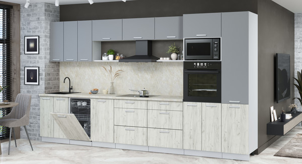 Изображение товара Кухонный гарнитур Интерлиния Мила Лайт 3.7-ПМ3  (серебро/дуб белый/опал светлый)