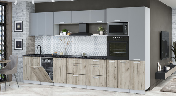 Изображение товара Кухонный гарнитур Интерлиния Мила Лайт 3.7-ПМ3  (серебро/дуб серый/кастилло темный)