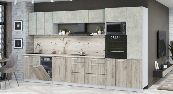 Изображение товара Кухонный гарнитур Интерлиния Мила Лайт 3.7-ПМ3 (бетон лайт/дуб серый/бискайская сосна)