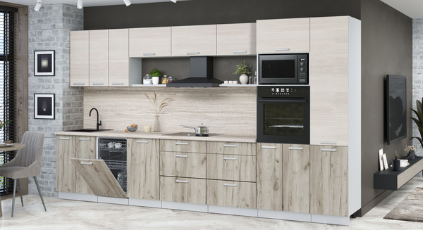 Изображение товара Кухонный гарнитур Интерлиния Мила Лайт 3.7-ПМ3 (вудлайн кремовый/дуб серый/травертин серый)