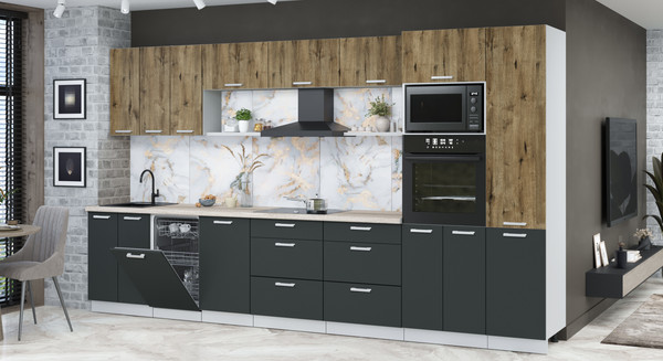 Изображение товара Кухонный гарнитур Интерлиния Мила Лайт 3.7-ПМ3  (дуб веллингтон/антрацит/травертин серый)