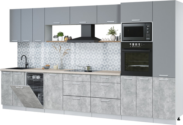 Изображение товара Кухонный гарнитур Интерлиния Мила Лайт 3.7-ПМ3  (серебро/бетон/травертин серый)