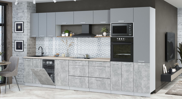 Изображение товара Кухонный гарнитур Интерлиния Мила Лайт 3.7-ПМ3  (серебро/бетон/травертин серый)