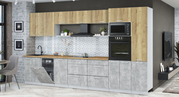 Изображение товара Кухонный гарнитур Интерлиния Мила Лайт 3.7-ПМ3 (дуб золотой/бетон/дуб бунратти)