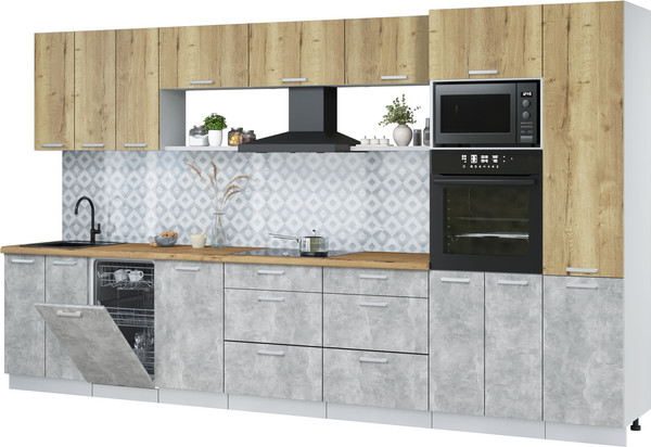 Изображение товара Кухонный гарнитур Интерлиния Мила Лайт 3.7-ПМ3 (дуб золотой/бетон/дуб бунратти)