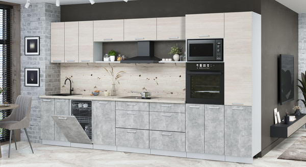 Изображение товара Кухонный гарнитур Интерлиния Мила Лайт 3.7-ПМ3  (вудлайн кремовый/бетон/бискайская сосна)