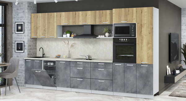 Изображение товара Кухонный гарнитур Интерлиния Мила Лайт 3.7-ПМ3 (дуб золотой/бетон портленд/опал светлый)