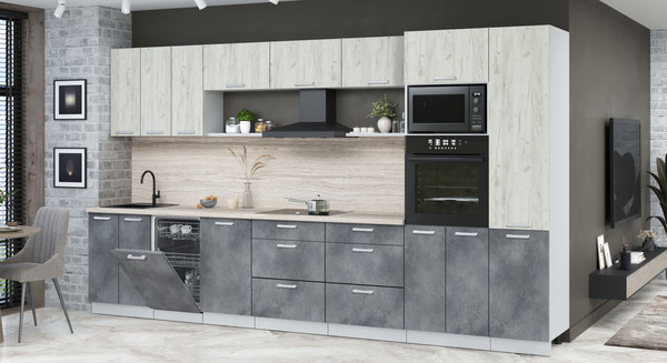 Изображение товара Кухонный гарнитур Интерлиния Мила Лайт 3.7-ПМ3 (дуб белый/бетон портленд/травертин серый)