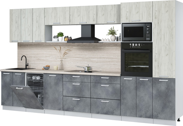 Изображение товара Кухонный гарнитур Интерлиния Мила Лайт 3.7-ПМ3 (дуб белый/бетон портленд/травертин серый)