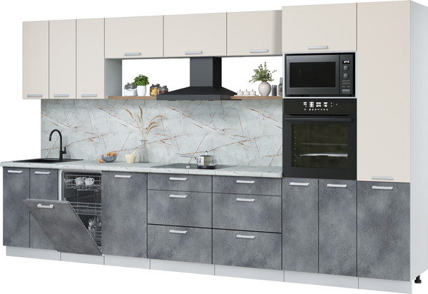 Изображение товара Кухонный гарнитур Интерлиния Мила Лайт 3.7-ПМ3 (персидский жемчуг/бетон портленд/серый каспий)