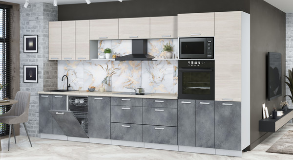 Изображение товара Кухонный гарнитур Интерлиния Мила Лайт 3.7-ПМ3 (вудлайн кремовый/бетон портленд/бискайская сосна)