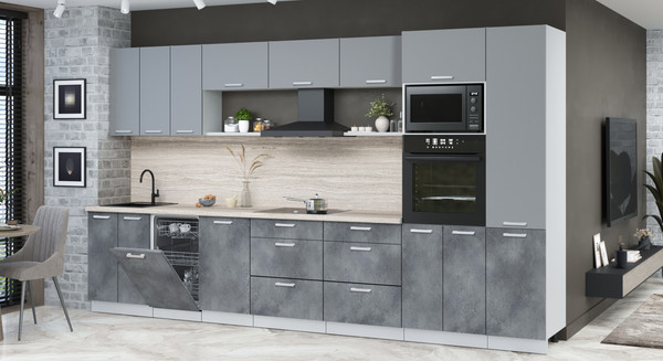 Изображение товара Кухонный гарнитур Интерлиния Мила Лайт 3.7-ПМ3 (серебро/бетон портленд/травертин серый)