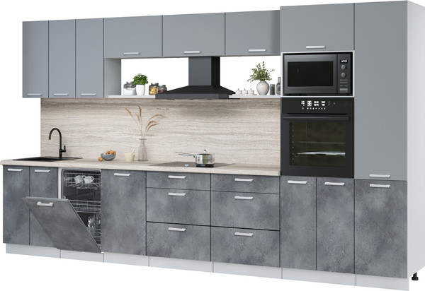 Изображение товара Кухонный гарнитур Интерлиния Мила Лайт 3.7-ПМ3 (серебро/бетон портленд/травертин серый)