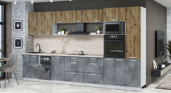 Изображение товара Кухонный гарнитур Интерлиния Мила Лайт 3.7-ПМ3 (дуб веллингтон/бетон портленд/травертин серый)