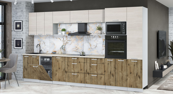 Изображение товара Кухонный гарнитур Интерлиния Мила Лайт 3.7-ПМ3 (вудлайн кремовый/дуб веллингтон/бискайская сосна)