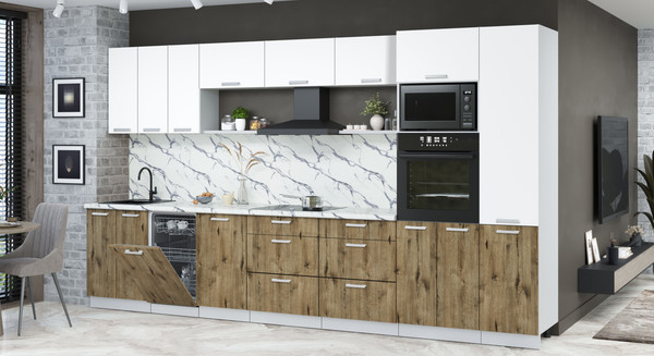 Изображение товара Кухонный гарнитур Интерлиния Мила Лайт 3.7-ПМ3 (белый платинум/дуб веллингтон/белый гранит)